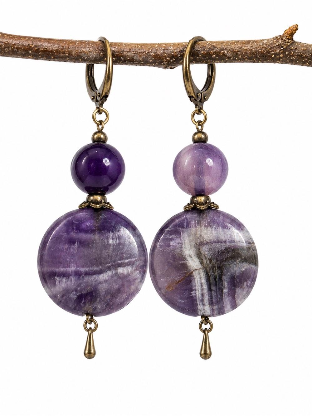Vintage Purple Agate Earrings, Marbled Violet Drops, Boho Bronze Dangles